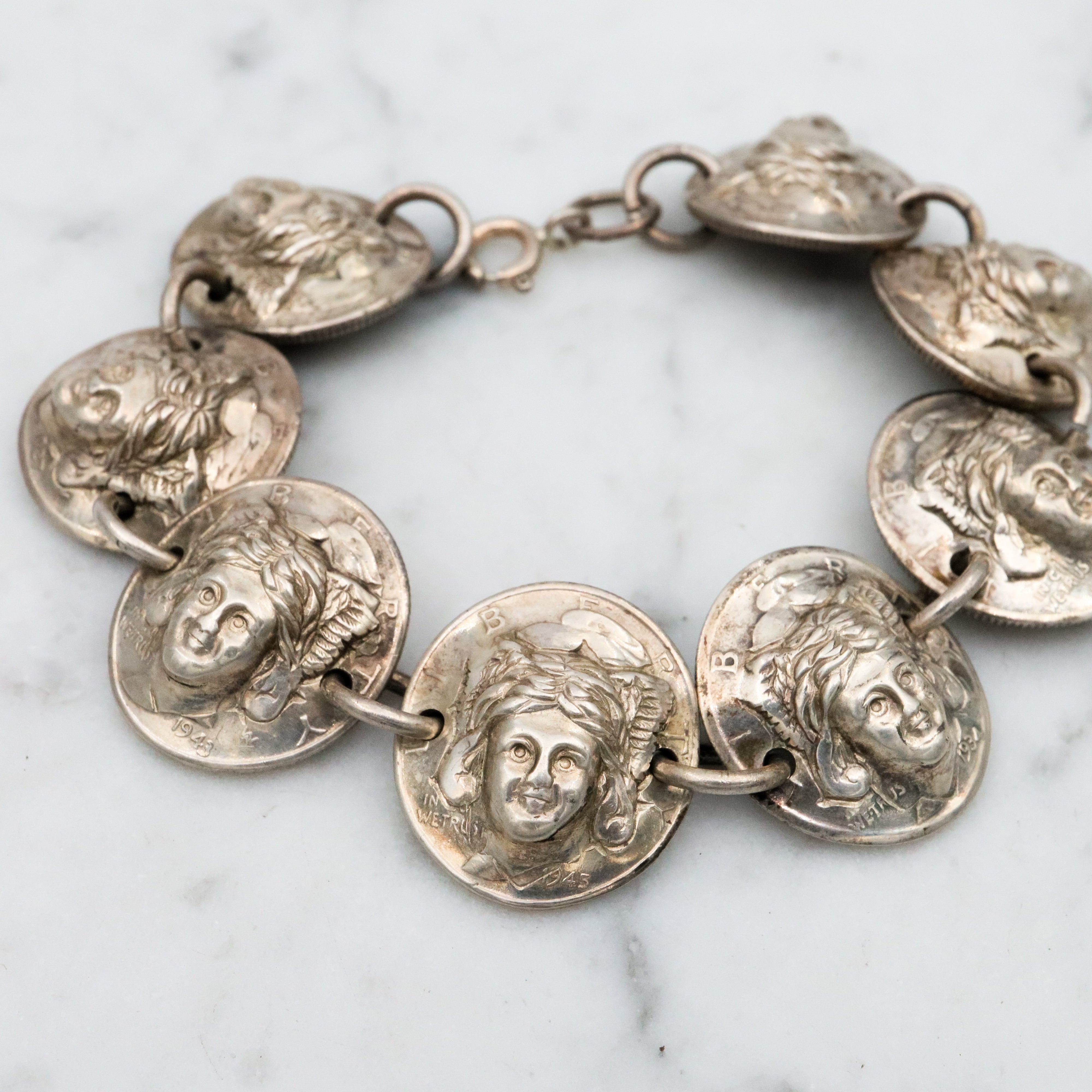 Antique 1940s silver Mercury dime pop out Liberty coin bracelet